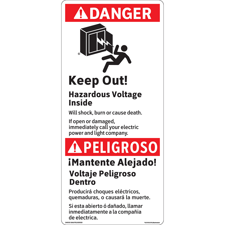 ANSI Bilingual Danger Keep Out! Hazardous Voltage Inside Label 
